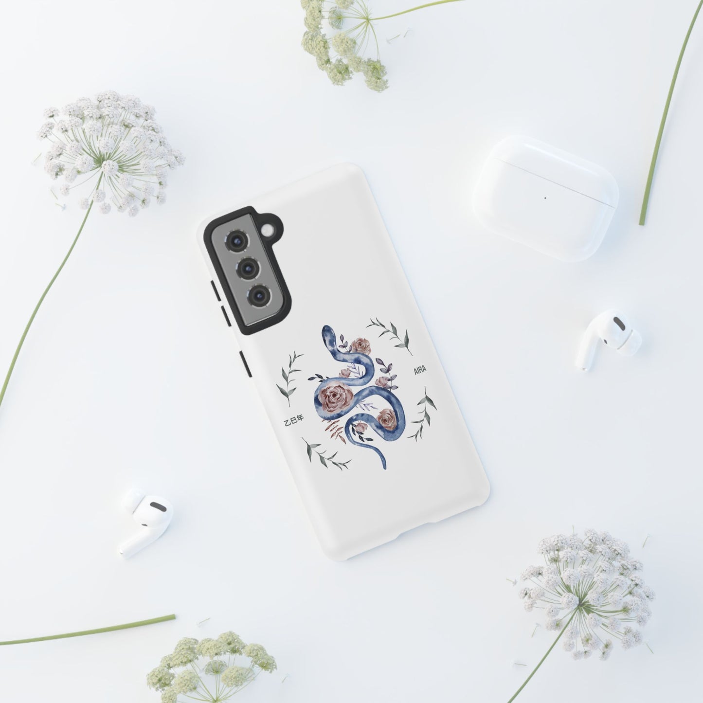 2025 Year of the Snake Korean-Inspired Phone Case – Elegant Watercolor Floral Snake Design | AIRA