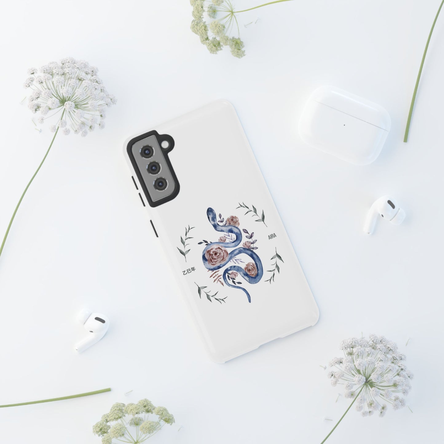 2025 Year of the Snake Korean-Inspired Phone Case – Elegant Watercolor Floral Snake Design | AIRA