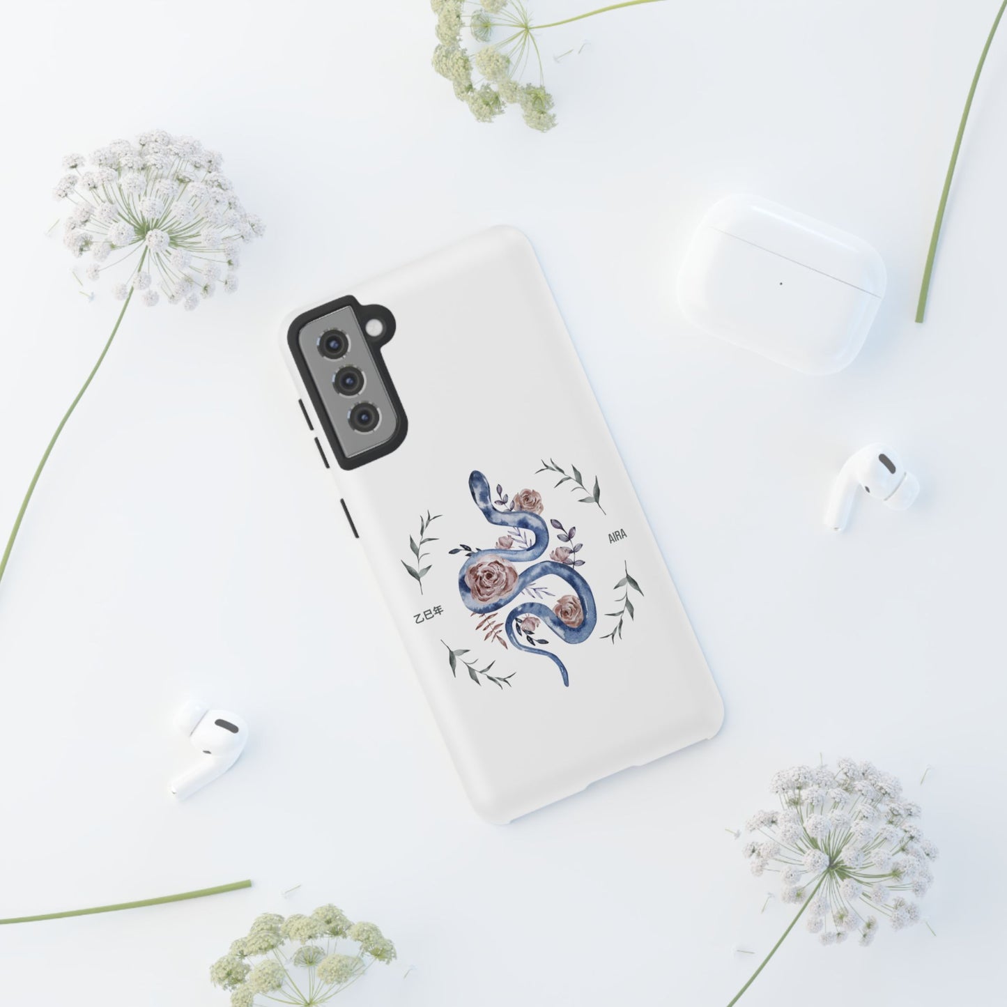 2025 Year of the Snake Korean-Inspired Phone Case – Elegant Watercolor Floral Snake Design | AIRA